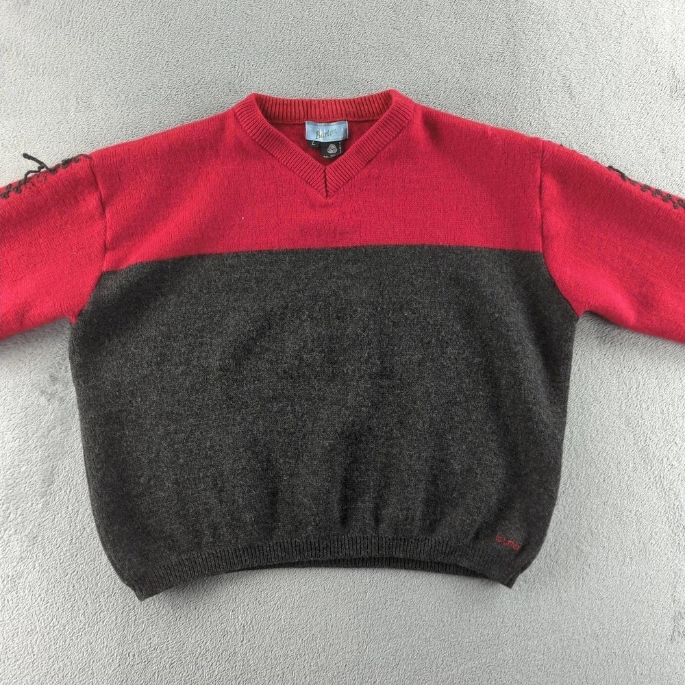 Vintage Burton Sweater Mens Large‎ Gray Red Wool V Neck Snowboard Pullover Ski